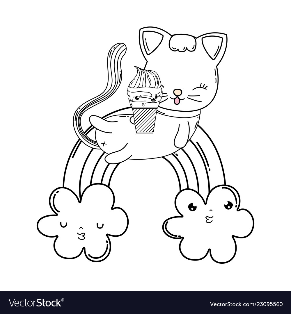 Cute Cat With Ice Cream In Rainbow Royalty Free Vector Image