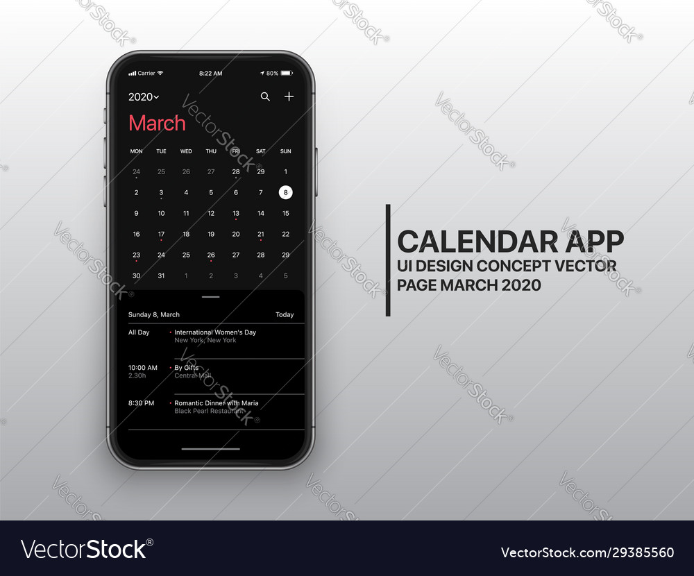 Design template dark mode calendar app ui ux Vector Image