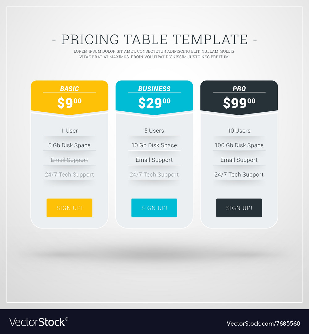 Design template for pricing table websites