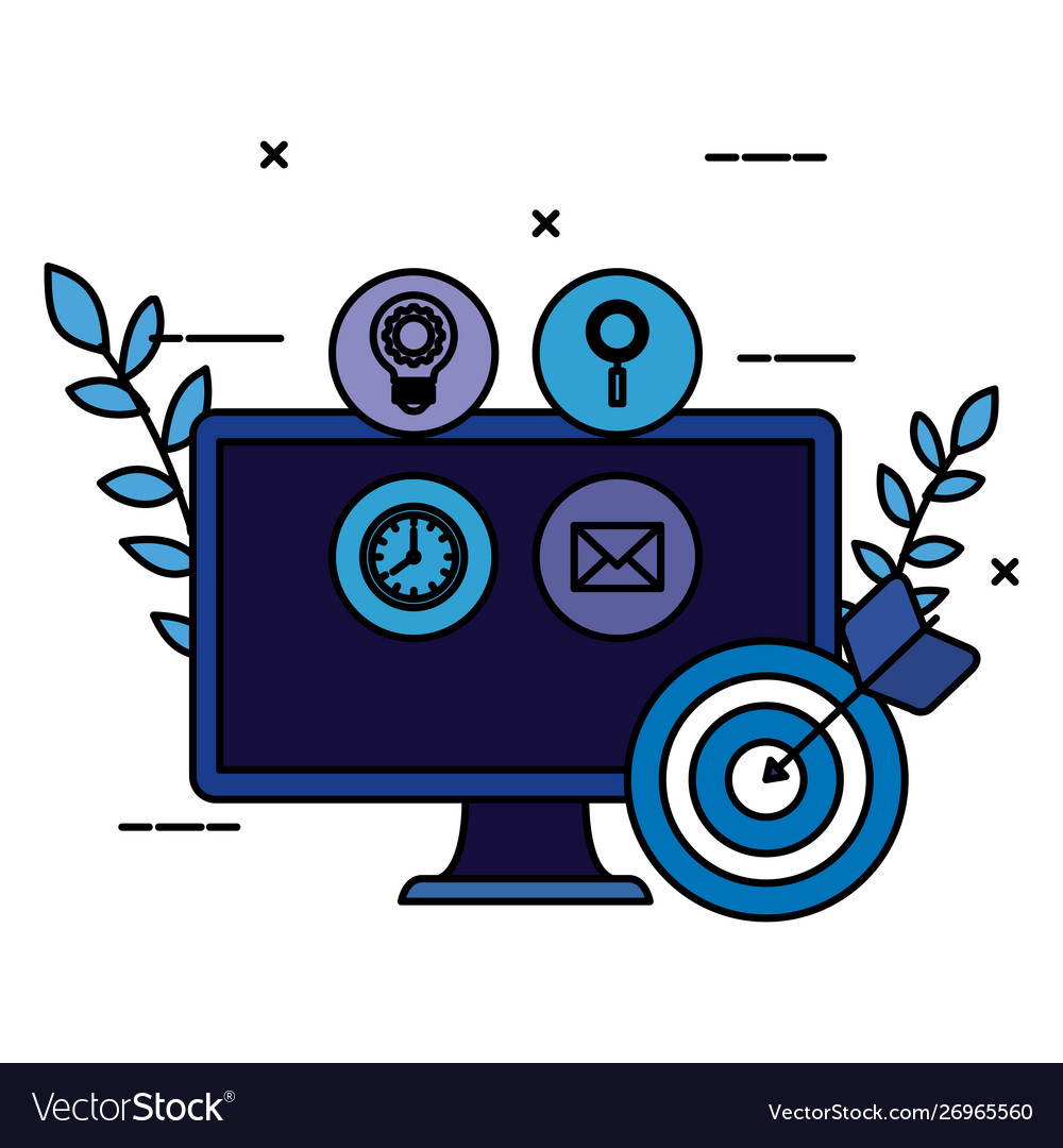 Desktop computer with set icons and target vector image Desktop computer with set icons and target