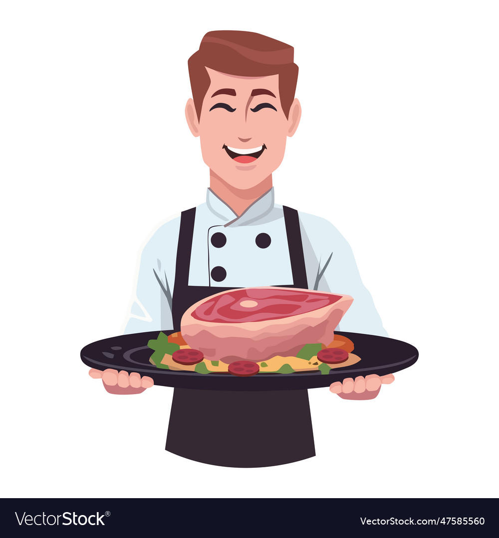 Smiling chef holding pork on a plate