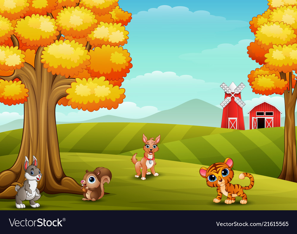 Cartoon animals in the farm background