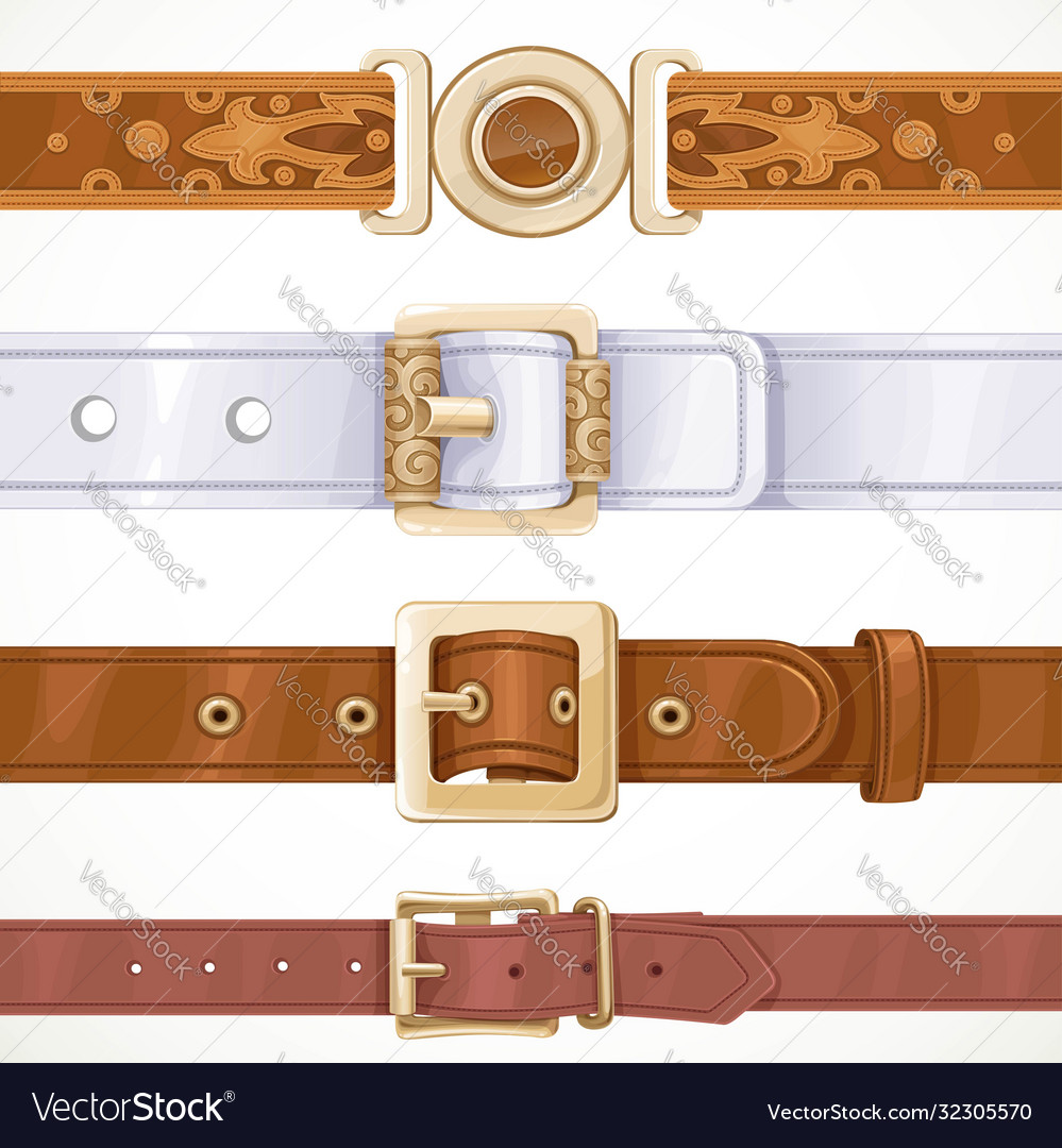 Various leather belts buttoned on buckles