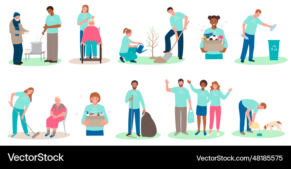 Volunteering flat set Royalty Free Vector Image