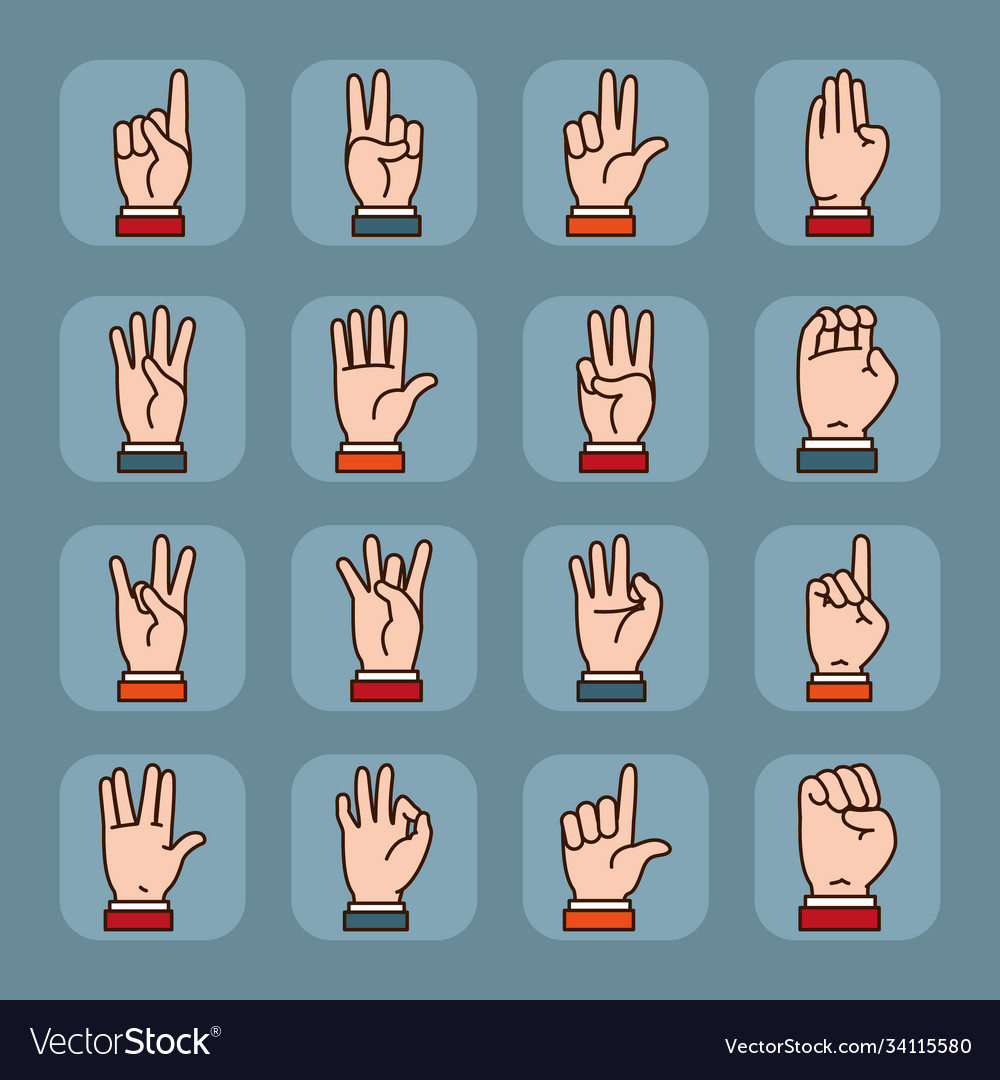 Hands sign language icon set line and fill style