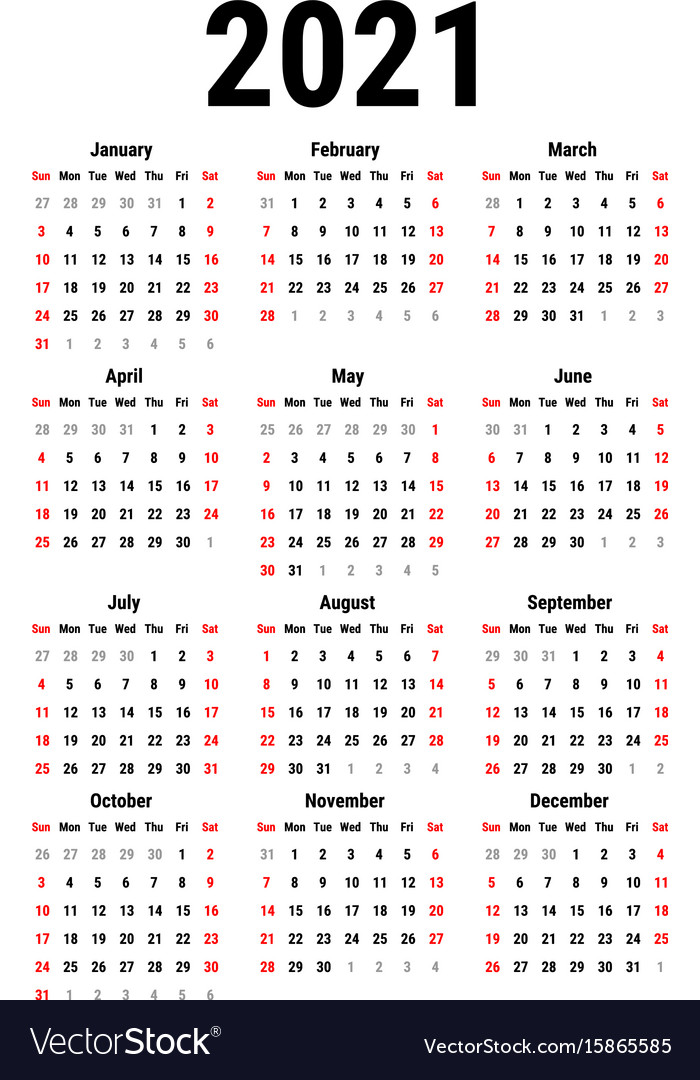 Calendar For 2021 Royalty Free Vector Image Vectorstock 6925