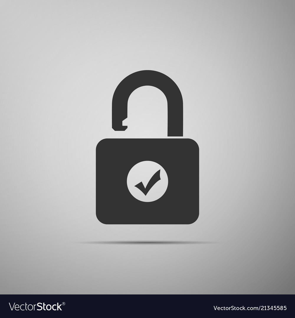 Open padlock and check mark on grey background vector image Open padlock and check mark on grey background