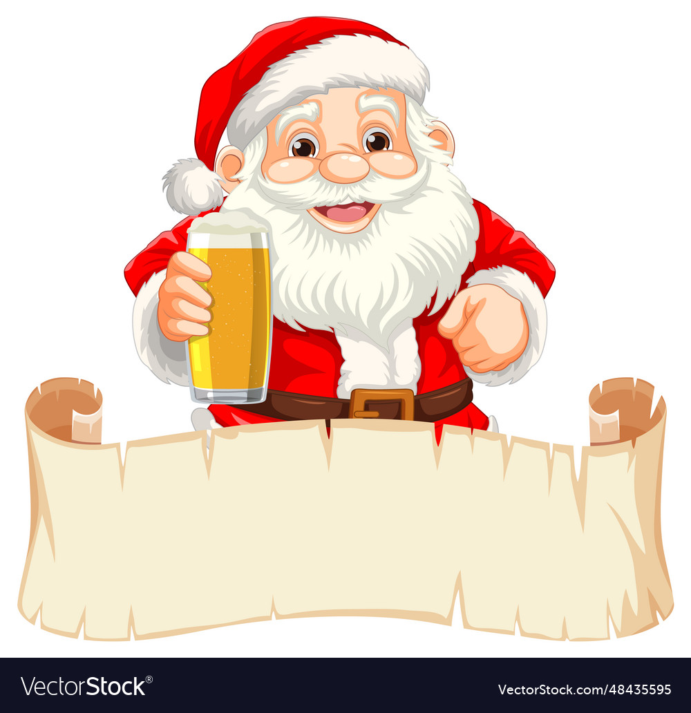 Cheerful santa claus holding beer with empty