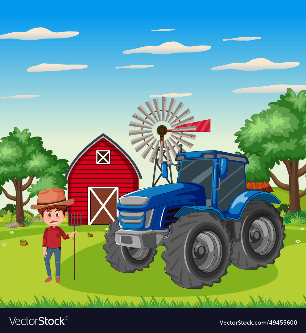 Farner at farmland with tractor and barn Vector Image