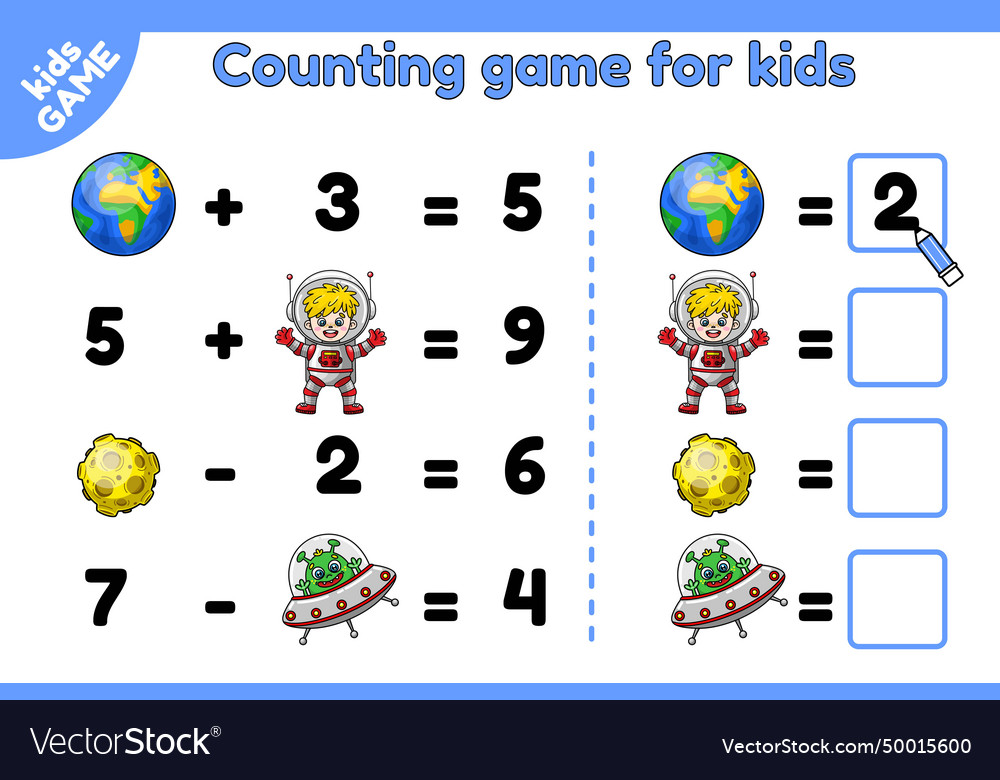 Math counting kids game with cartoon space objects vector image Math counting kids game with cartoon space objects
