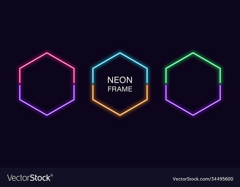 Neon hexagon frame set hexagonal border vector image Neon hexagon frame set hexagonal border