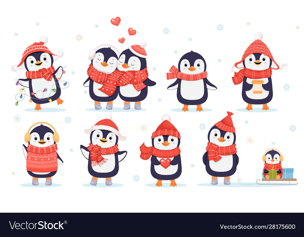 Set cute penguins christmas charactercartoon Vector Image