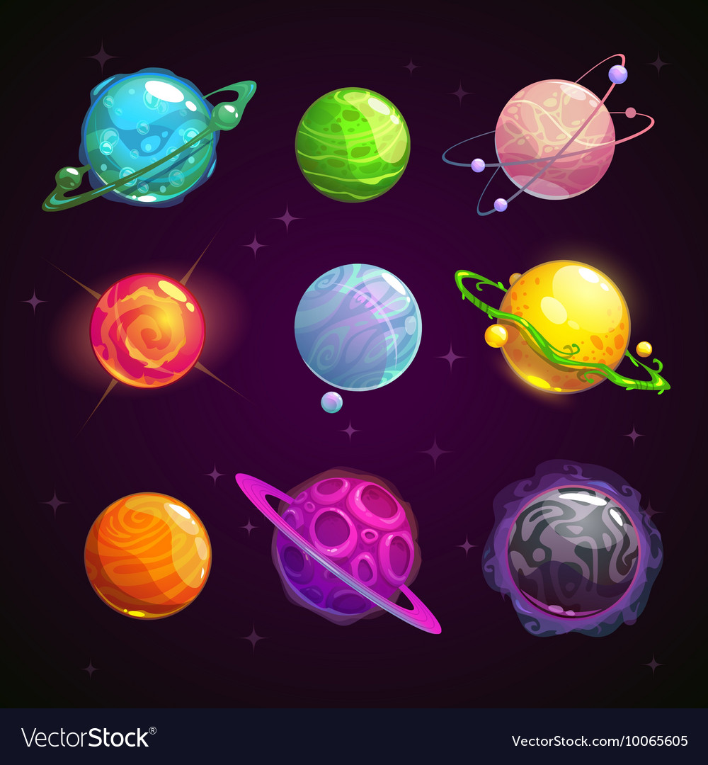 Colorful cartoon fantasy planets set Royalty Free Vector