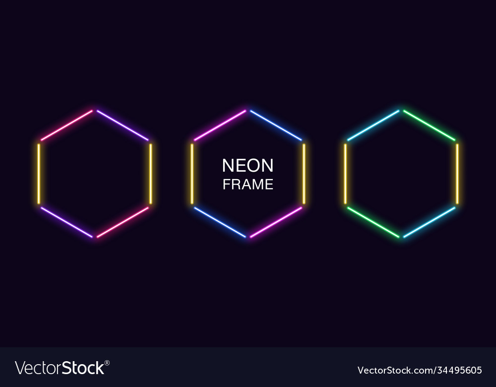Neon hexagon frame set hexagonal border vector image Neon hexagon frame set hexagonal border