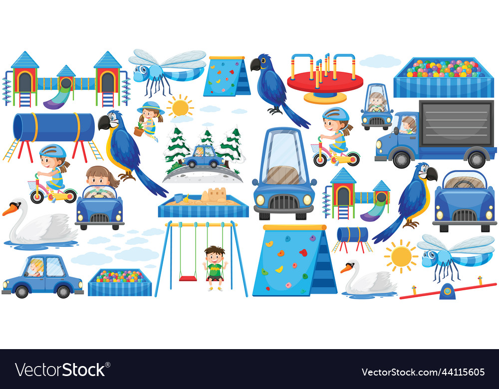 Set of different objects in blue vector image Set of different objects in blue
