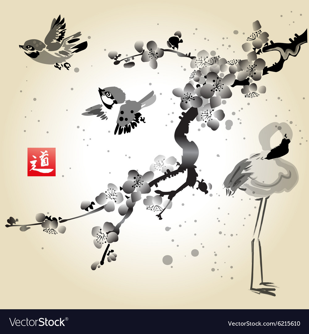 Card with sakura in the bird and flamingos