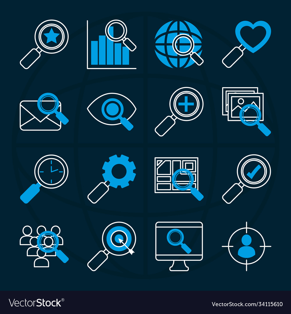 Computer and search icon set half line color vector image Computer and search icon set half line color