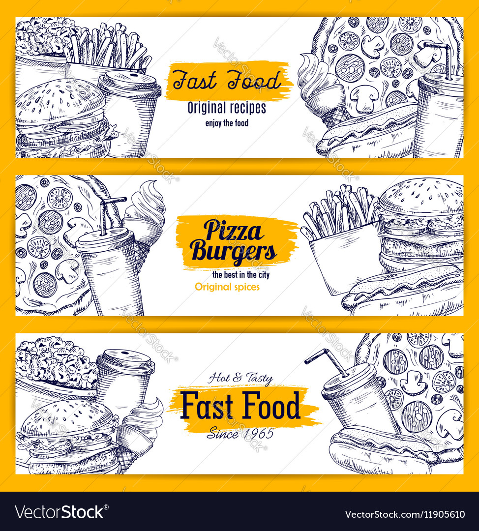 Fast food sketch banners set Royalty Free Vector Image