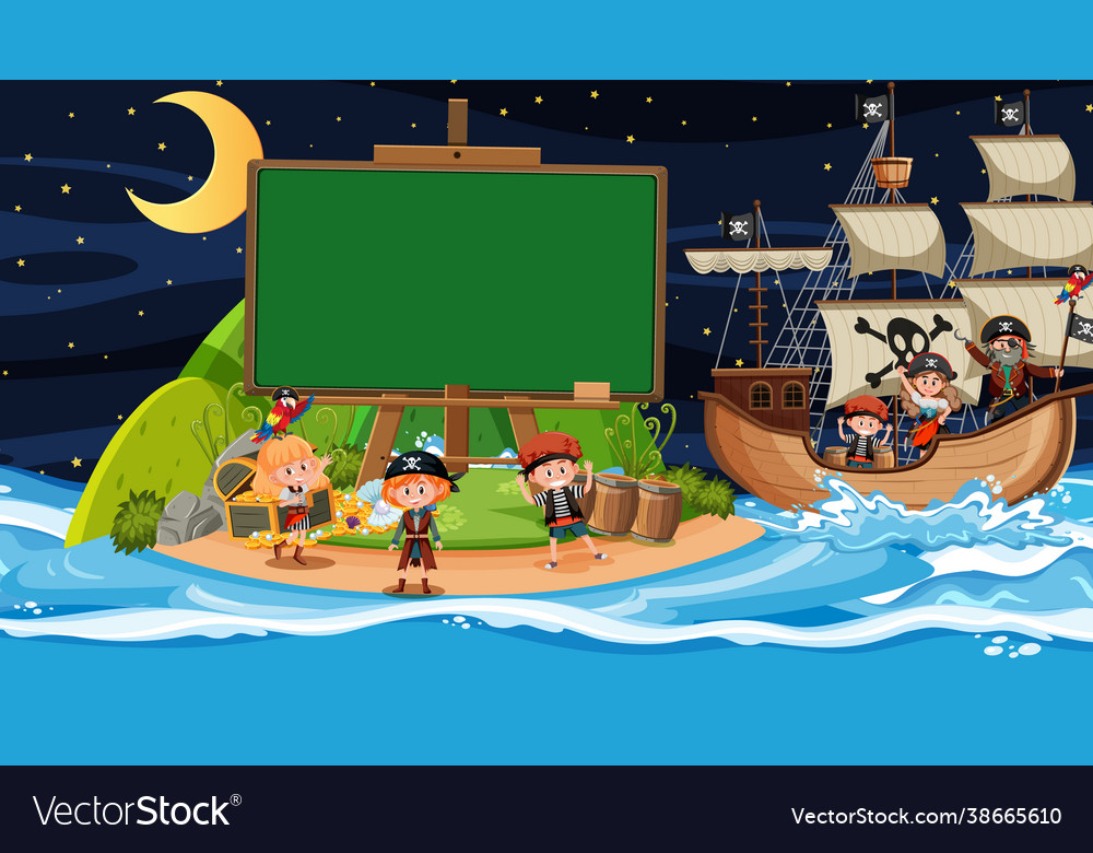 Pirate kids at beach night scene