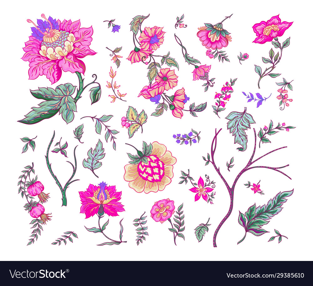 Set fantasy flowers in retro vintage jacobean vector image Set fantasy flowers in retro vintage jacobean