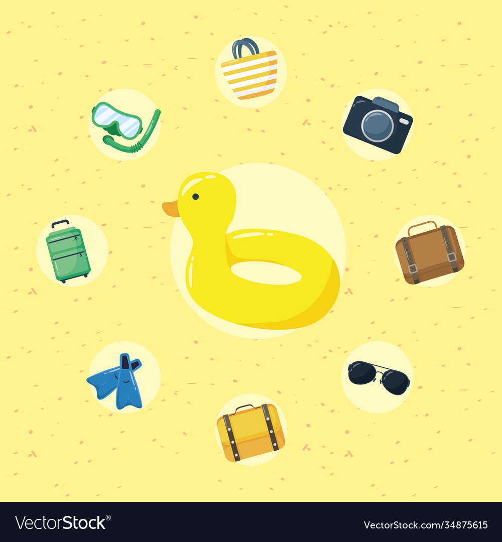 Float ducky beach and flat style set icons