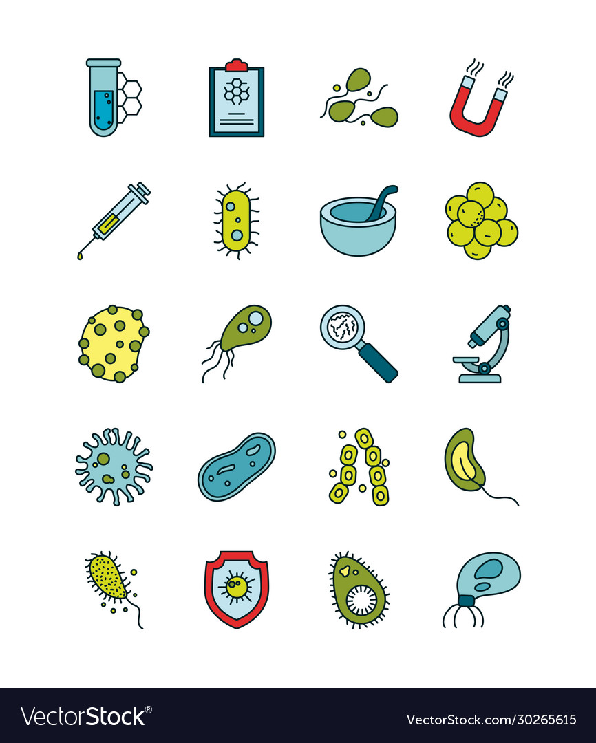 Isolated virus line and fill style icon set