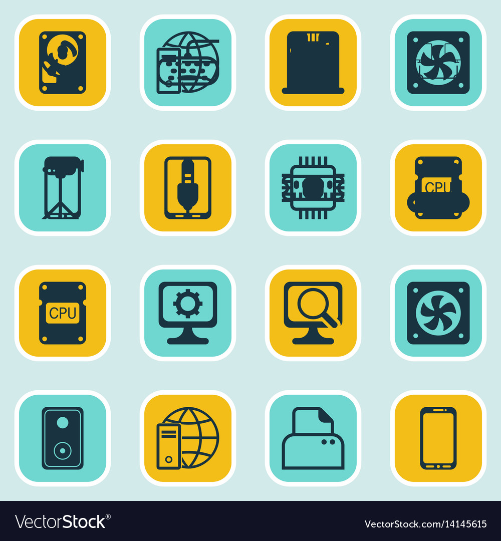 Set of 16 computer hardware icons includes pc
