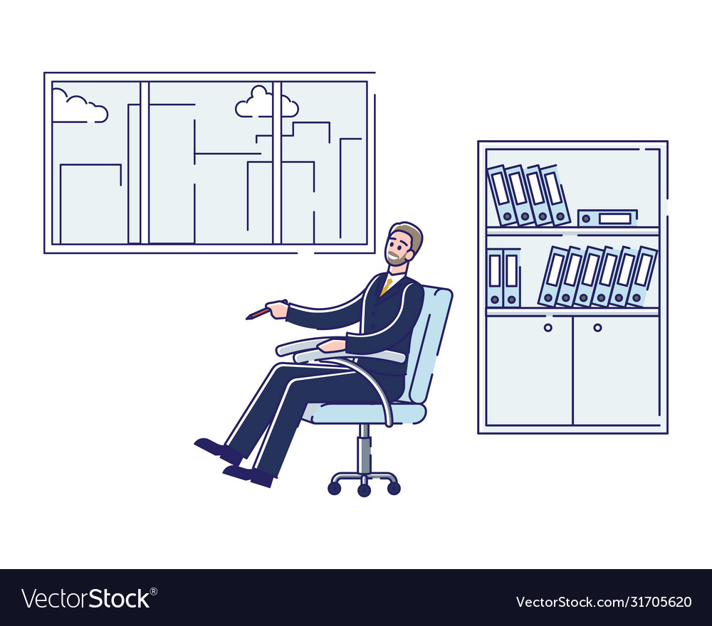 Business man sitting in office seat holding pen