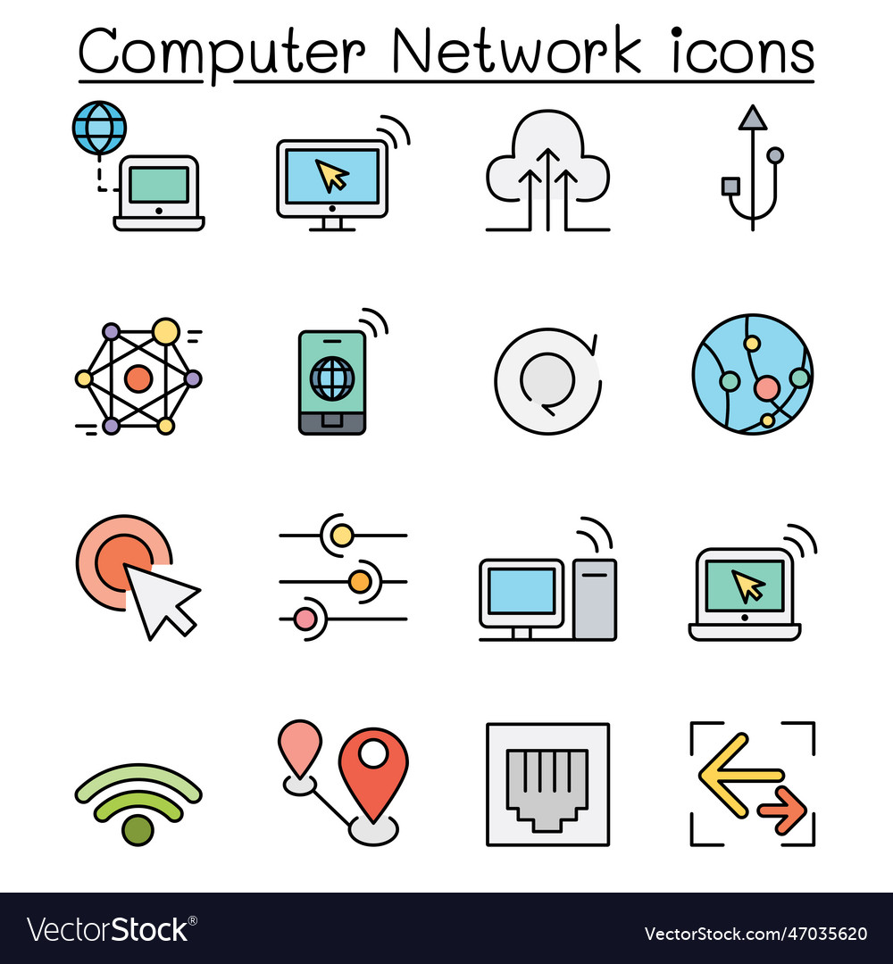 Computer network color line icon set Royalty Free Vector
