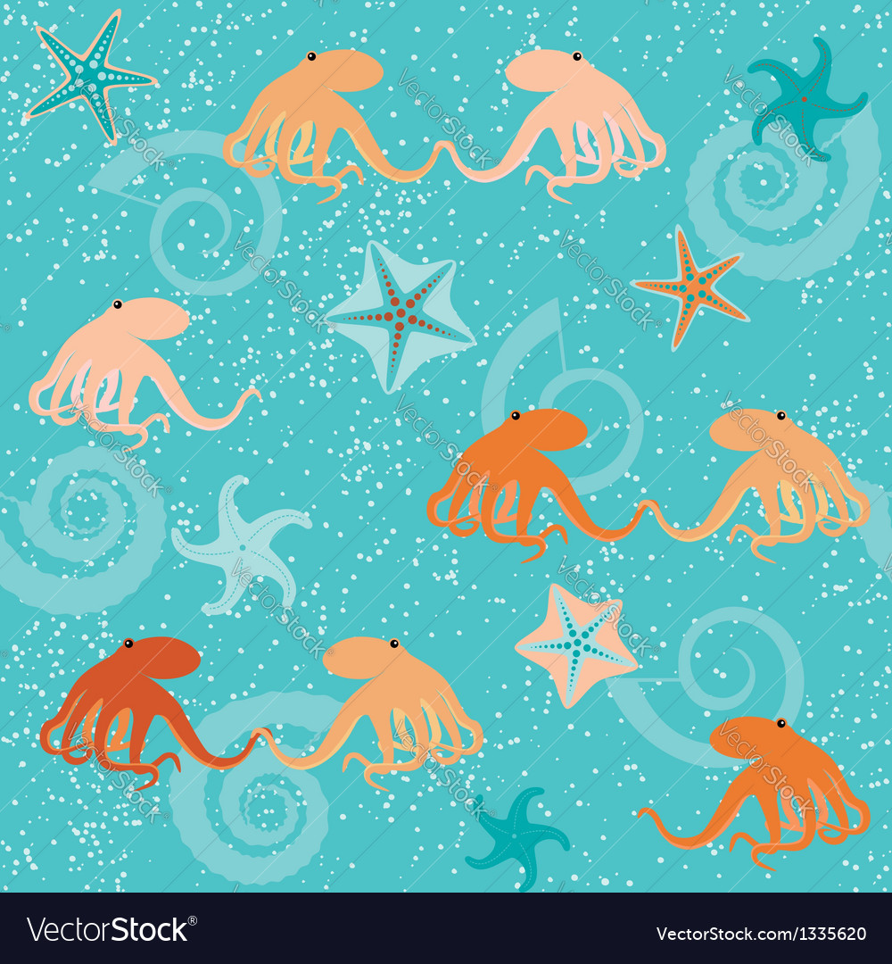 Seamless pattern with octopuses shells and stars