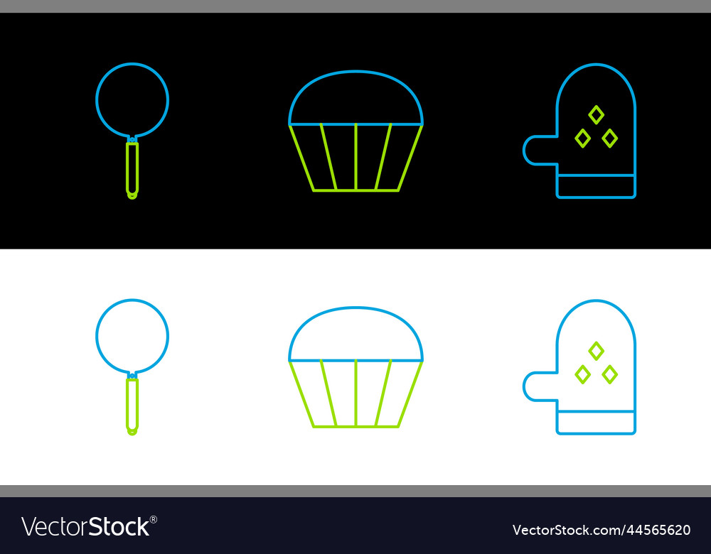 Set line oven glove frying pan and muffin icon