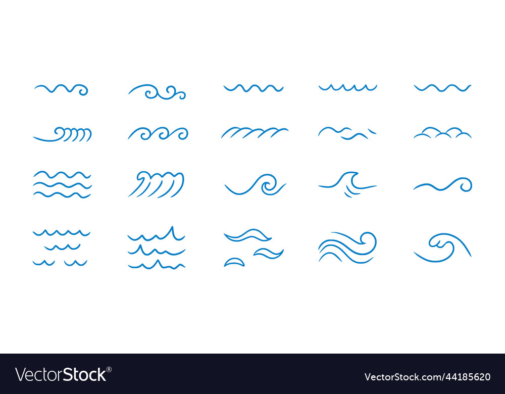 Wave sea line doodle icon set hand drawn sketch Vector Image