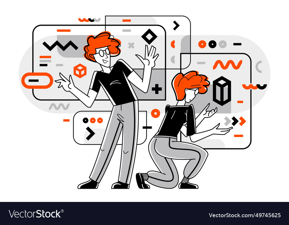 Creative workers doing some job and creating vector image Creative workers doing some job and creating