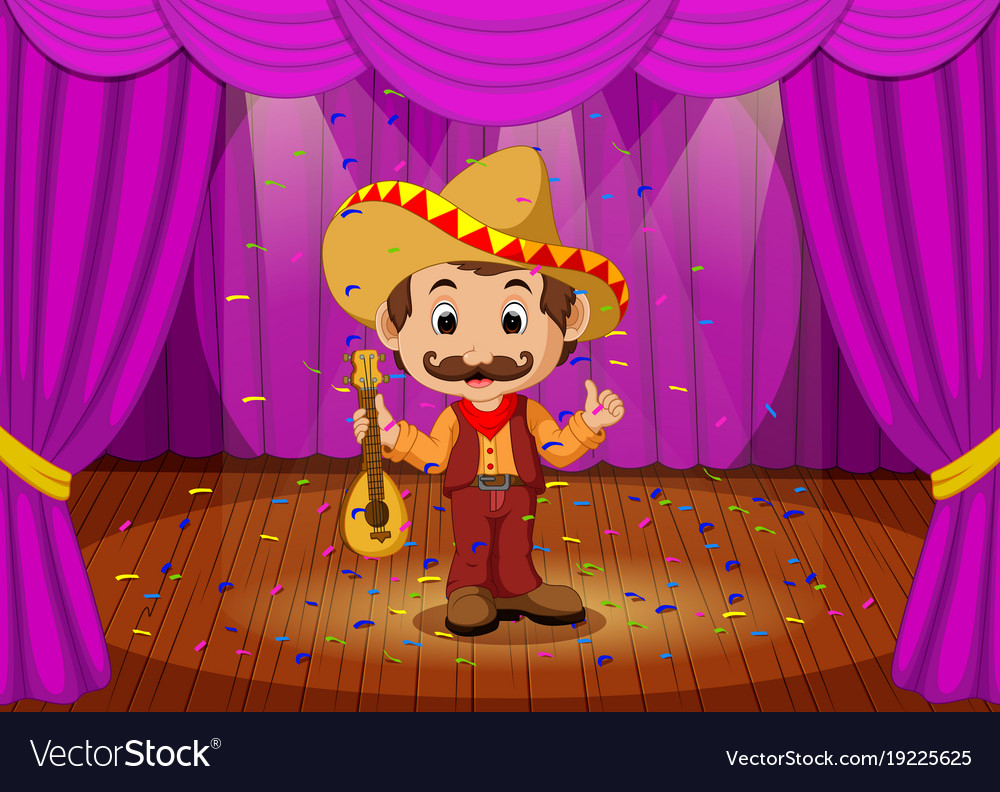 Mexican man with sombrero and guitar on stage