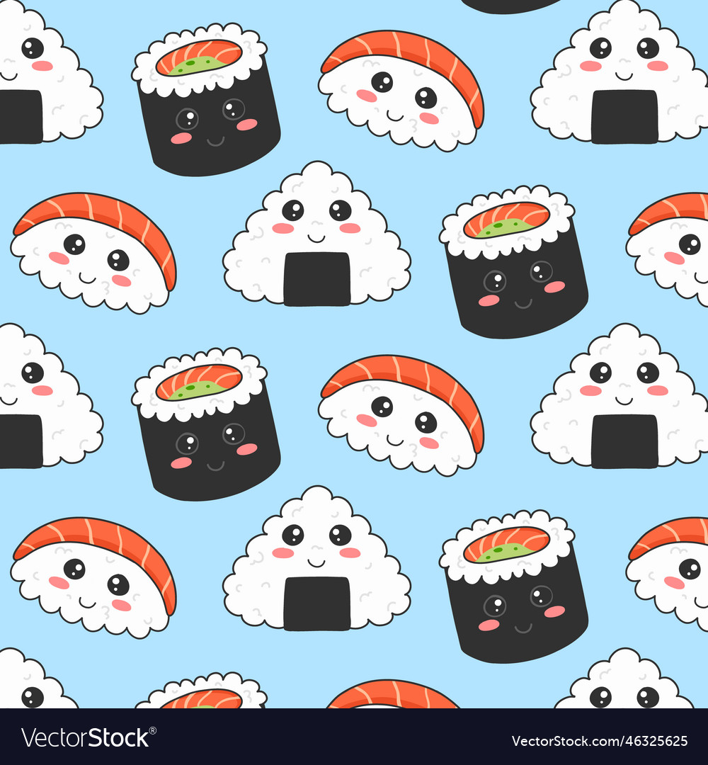 Seamless pattern with sushi in kawaii style