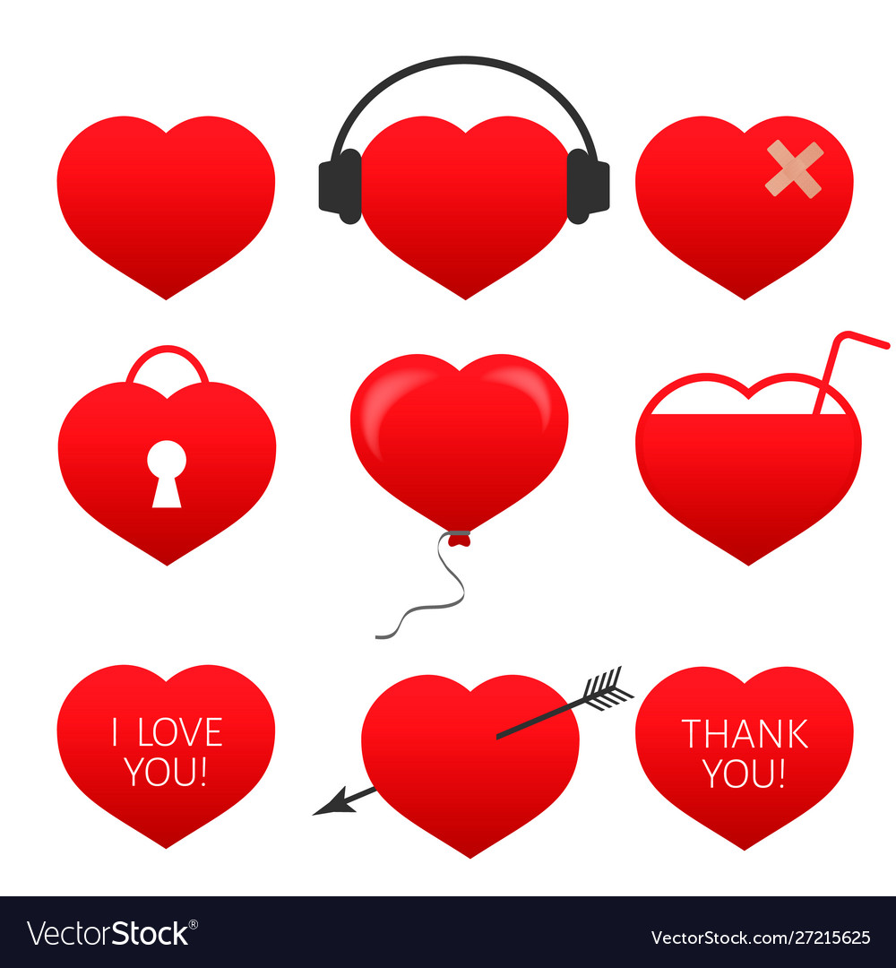 Set nine red hearts flat icons isolated