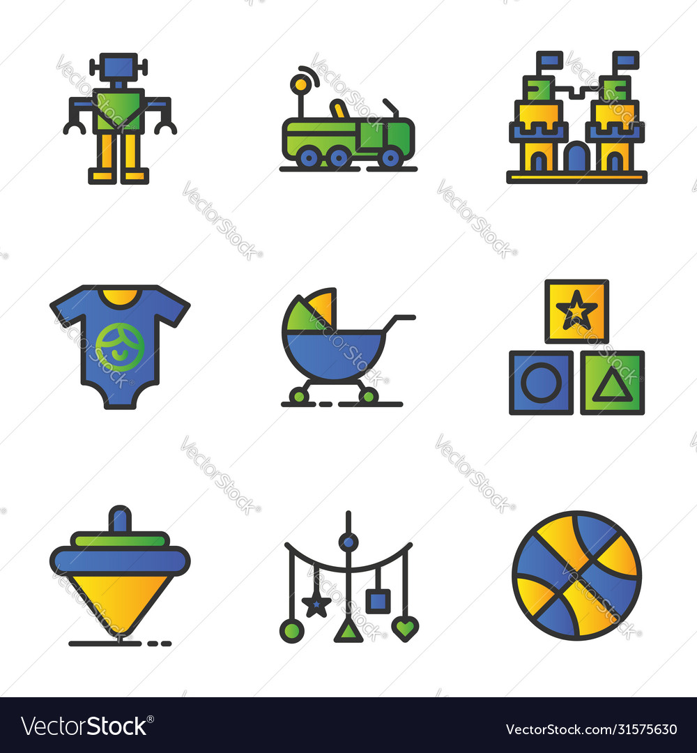 Child and toy icon set include robot toys machine vector image Child and toy icon set include robot toys machine