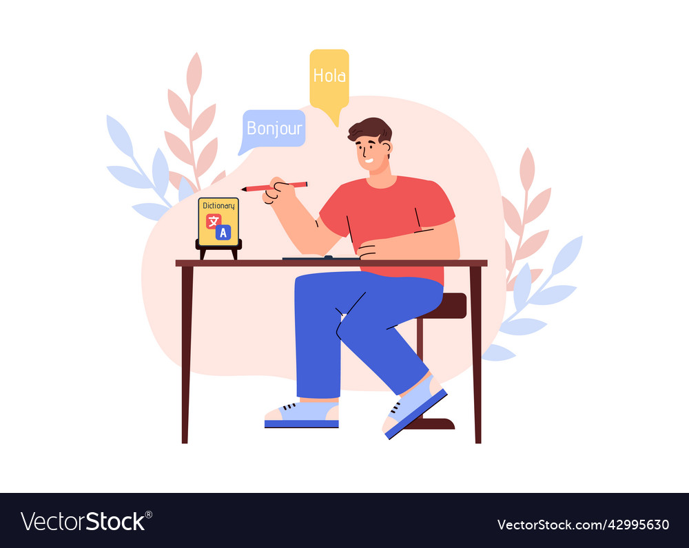 Man learns a foreign language online mobile vector image Man learns a foreign language online mobile