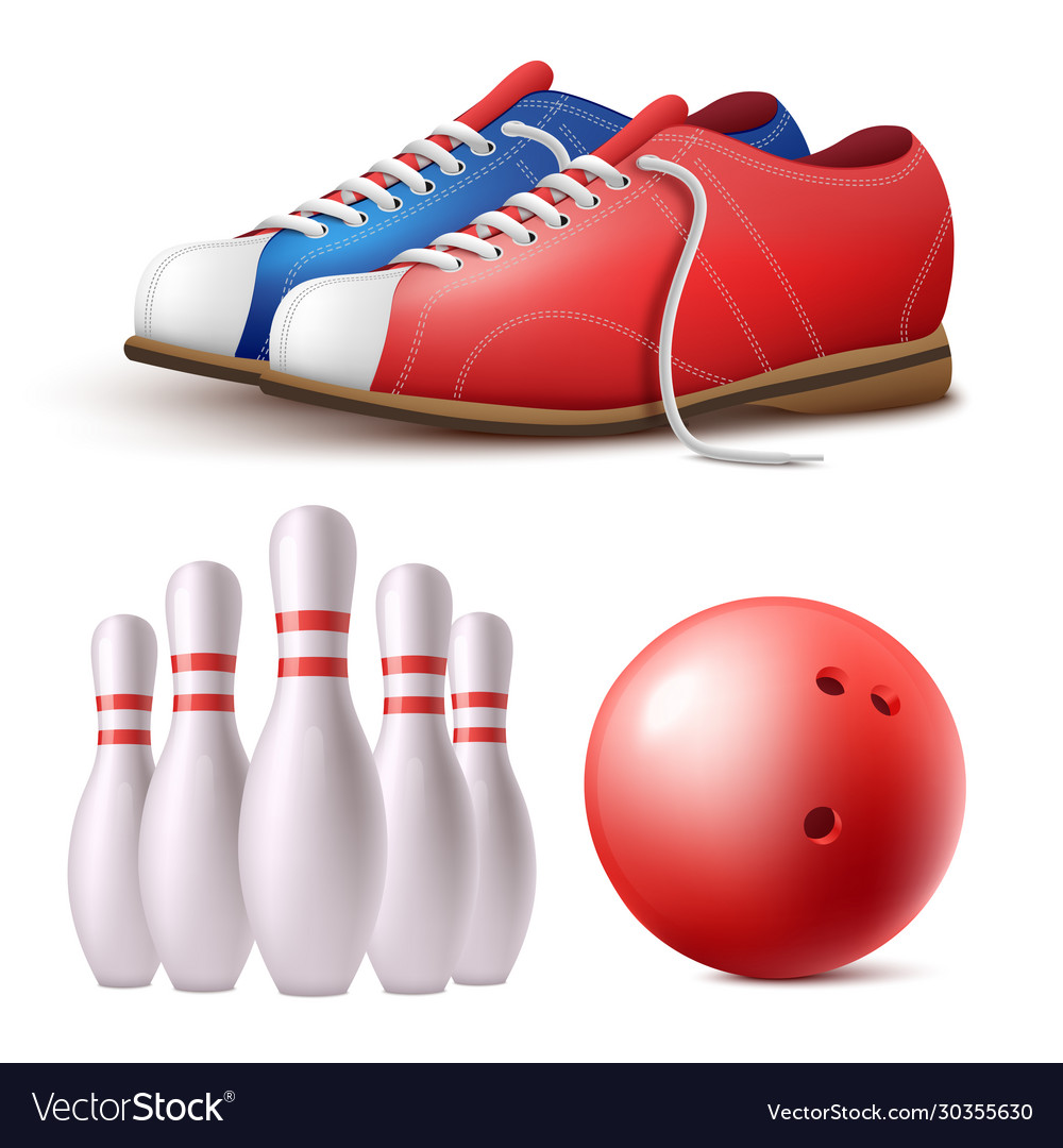 Set bowling skittles ball and shoes realistic