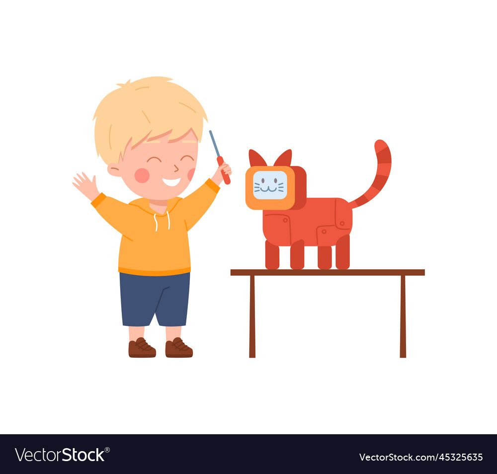 Child making smart robot cat machine flat