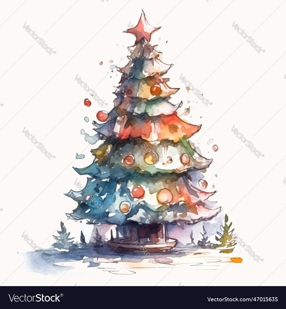 Watercolor Green Christmas Tree With Star Vector Image