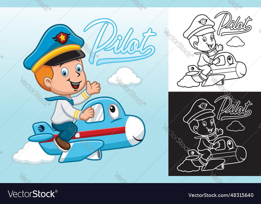 Cartoon boy in pilot uniform with funny airplane