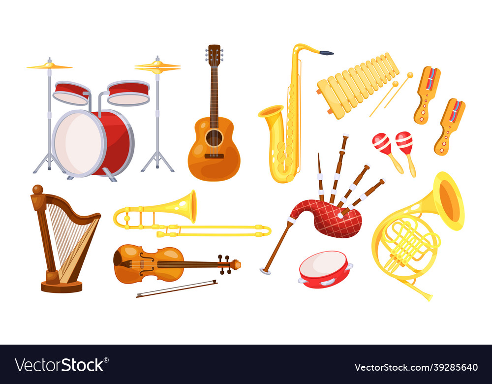 Musical metal wood acoustic instruments set Vector Image