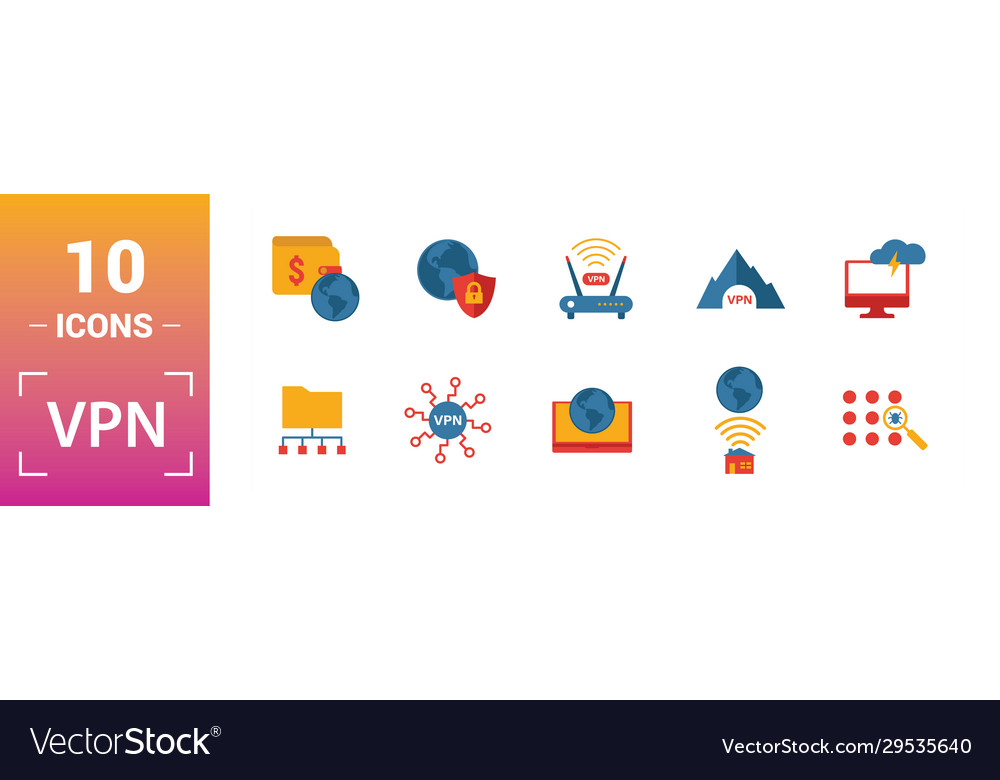 Vpn icon set include creative elements archiving vector image Vpn icon set include creative elements archiving