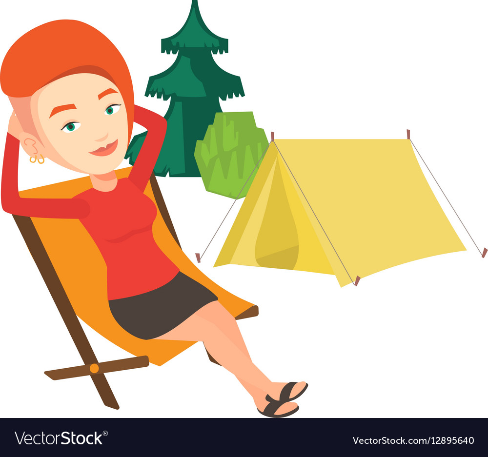 Woman sitting in folding chair in the camp Vector Image