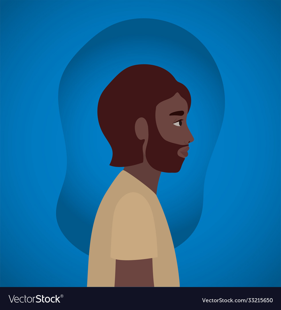 Black man cartoon with beard in side view on blue