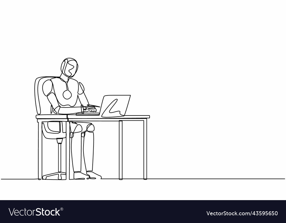 Continuous one line drawing robot working typing vector image Continuous one line drawing robot working typing