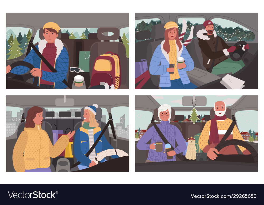 Man and woman driving car winter road trip Vector Image