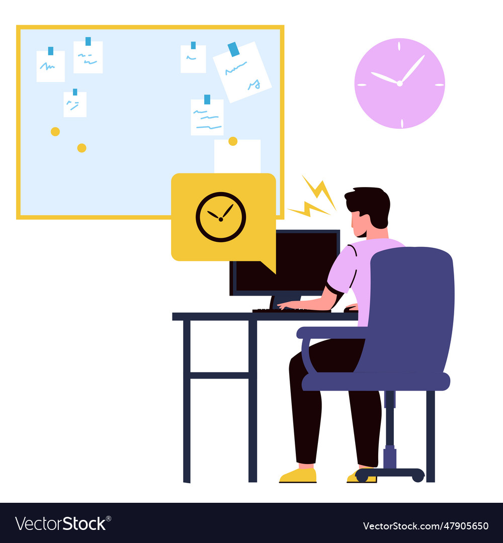Man sitting at desk with computer and clock flat vector image Man sitting at desk with computer and clock flat