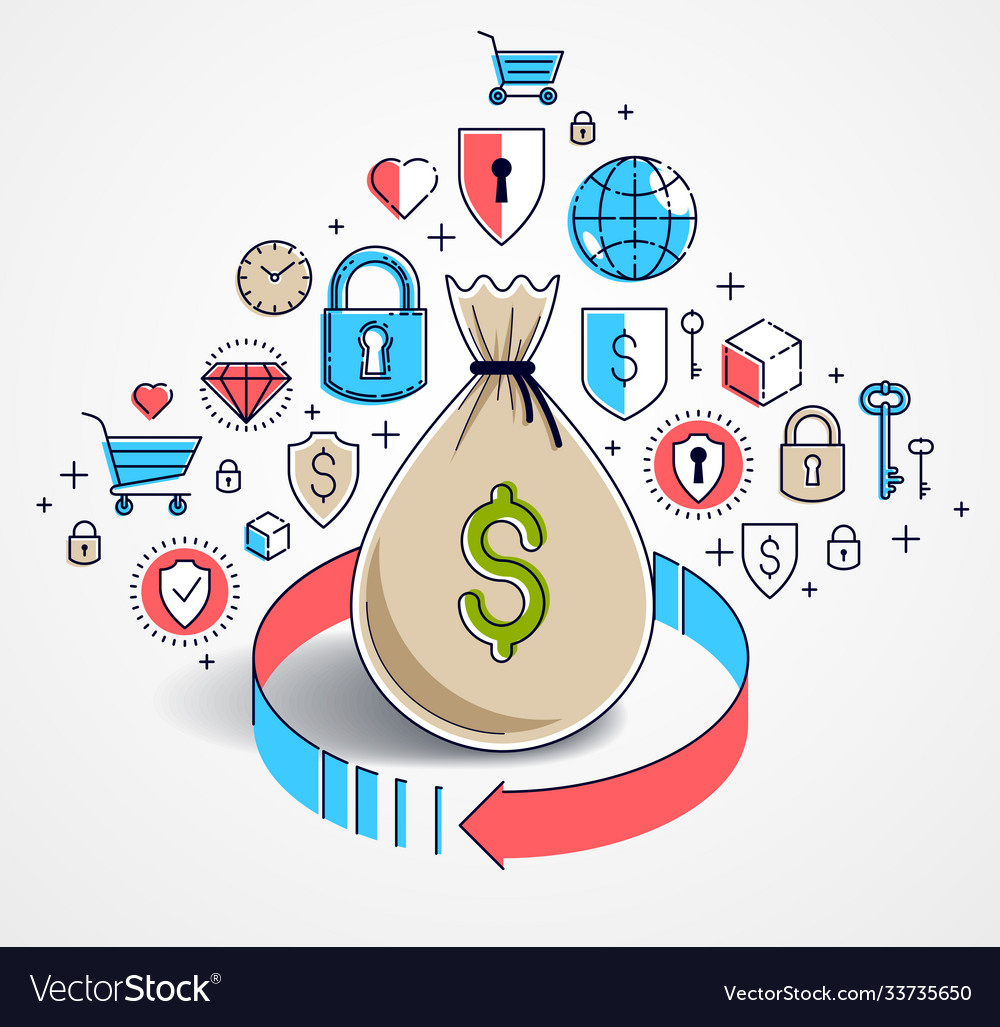 Money bag with loop arrow and icon set design vector image Money bag with loop arrow and icon set design